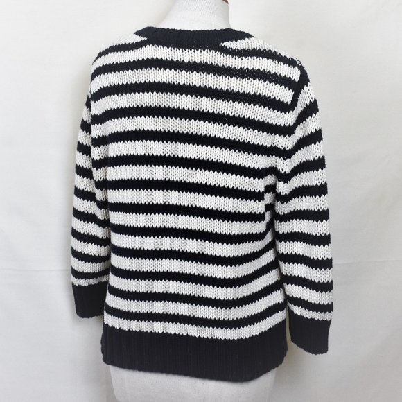 LOFT Sweater L Blue White Stripe Crew Neck Zip Front CottonLong Sleeve - Picture 5 of 7